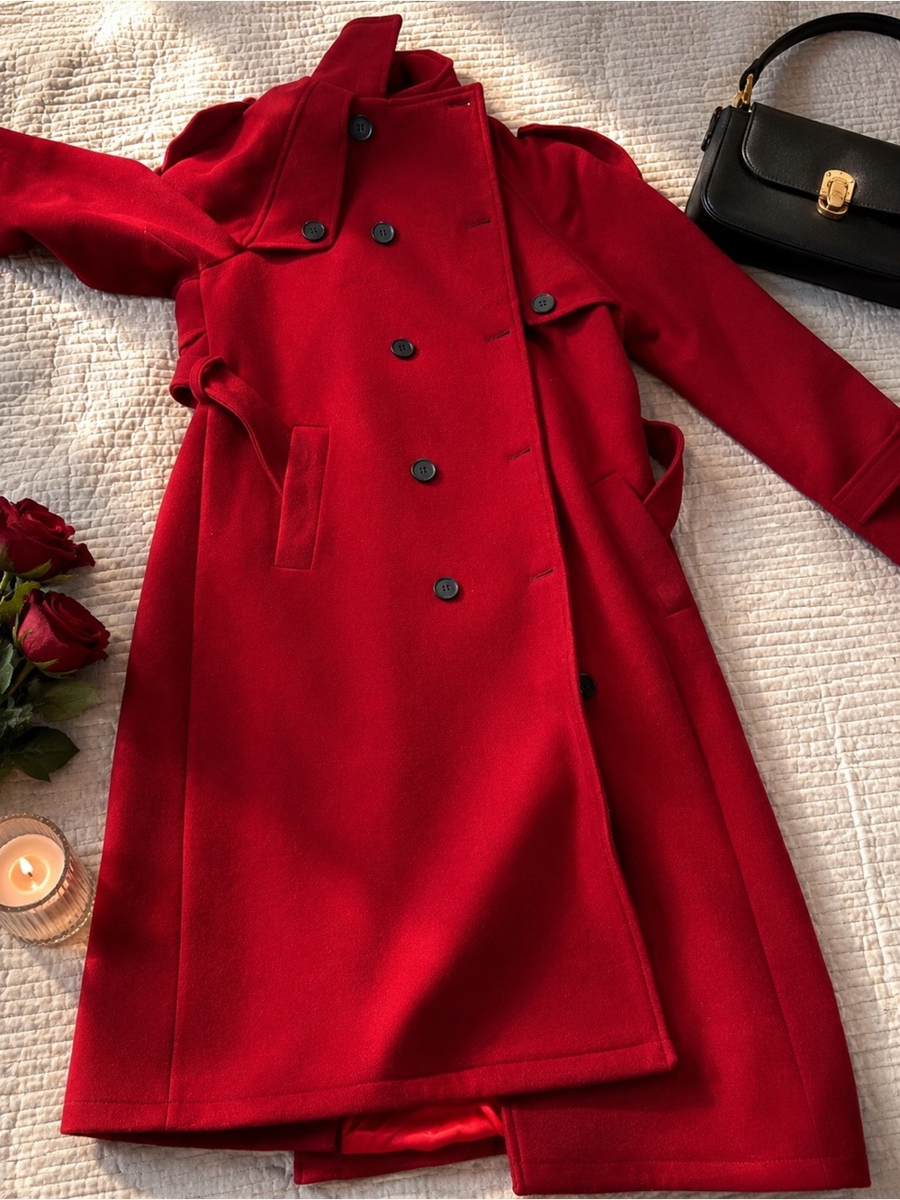 Red Double-Breasted Women's Wool Coat - Classic Tailored Style